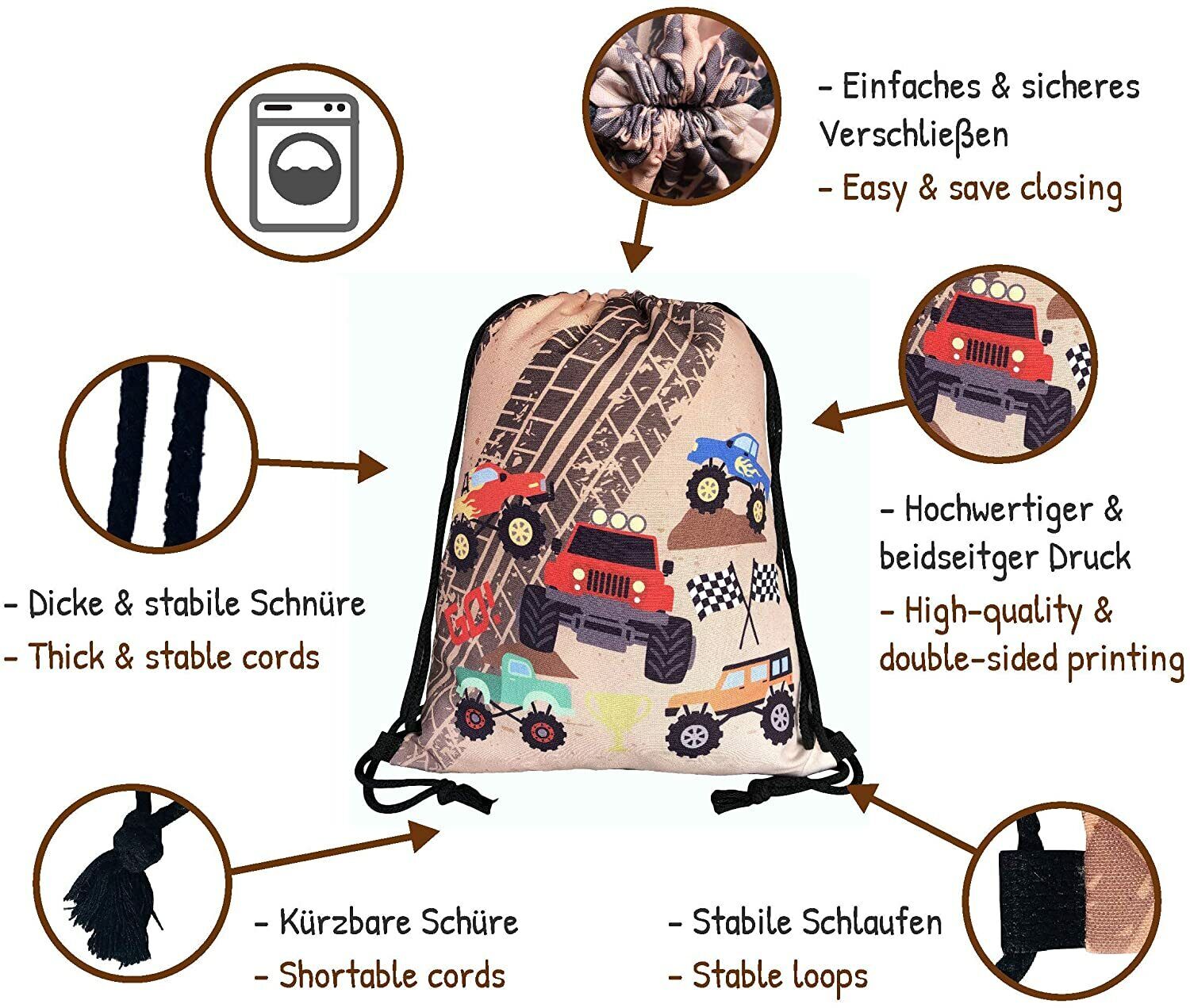Toller brauner Kinderturnbeutel von Heckbo mit Monstertrucks