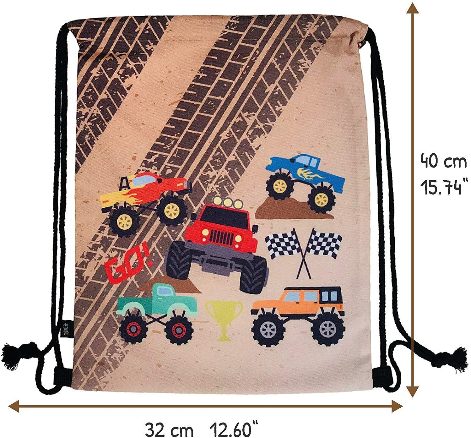 Toller brauner Kinderturnbeutel von Heckbo mit Monstertrucks