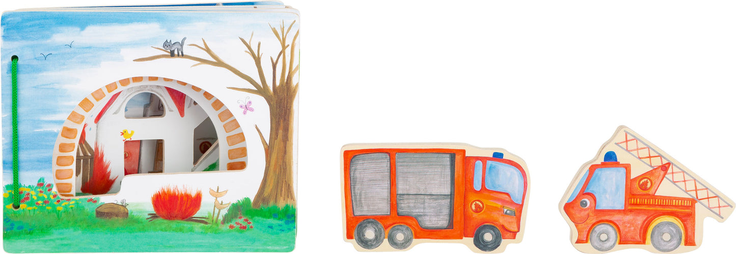 Tolles interaktives Holzbuch mit zwei Feuerwehrautos für viele spannende Geschichten 
