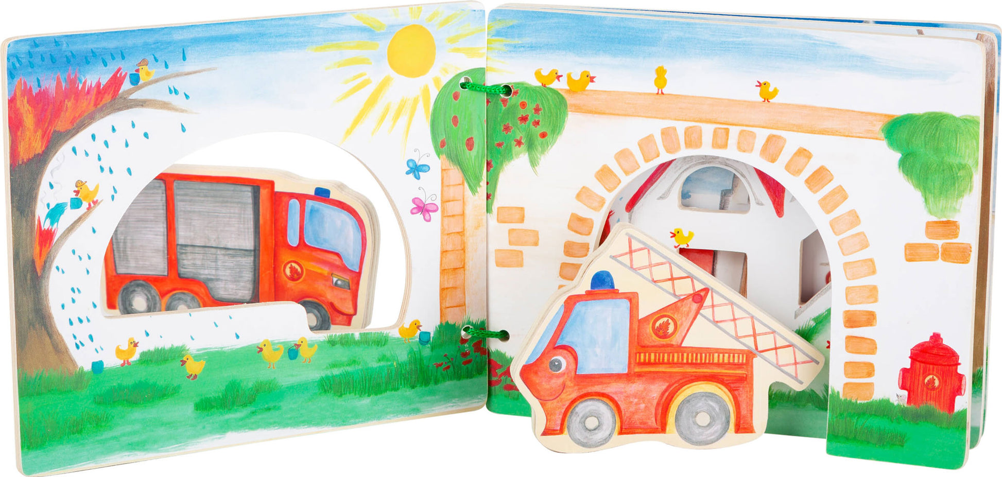 Tolles interaktives Holzbuch mit zwei Feuerwehrautos für viele spannende Geschichten 