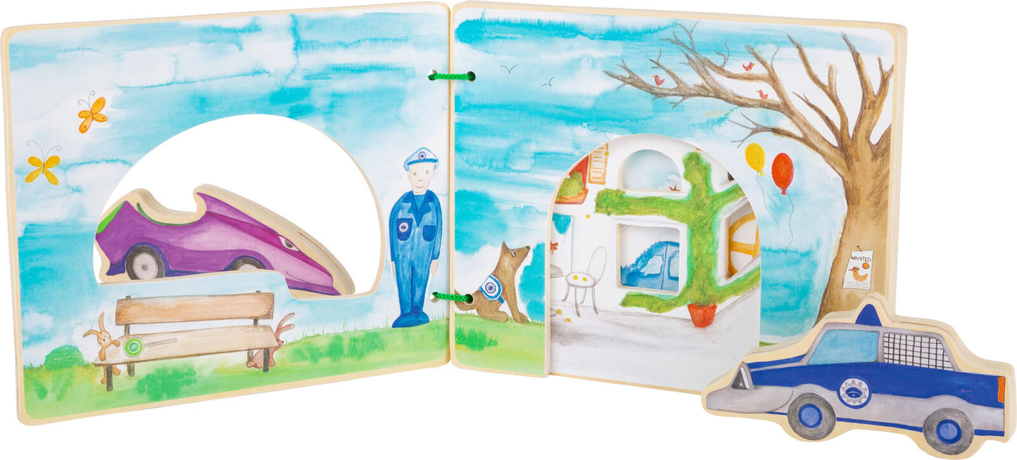 Interaktives Holzbuch für spannende Polizeigeschichten und Verfolgungajagd