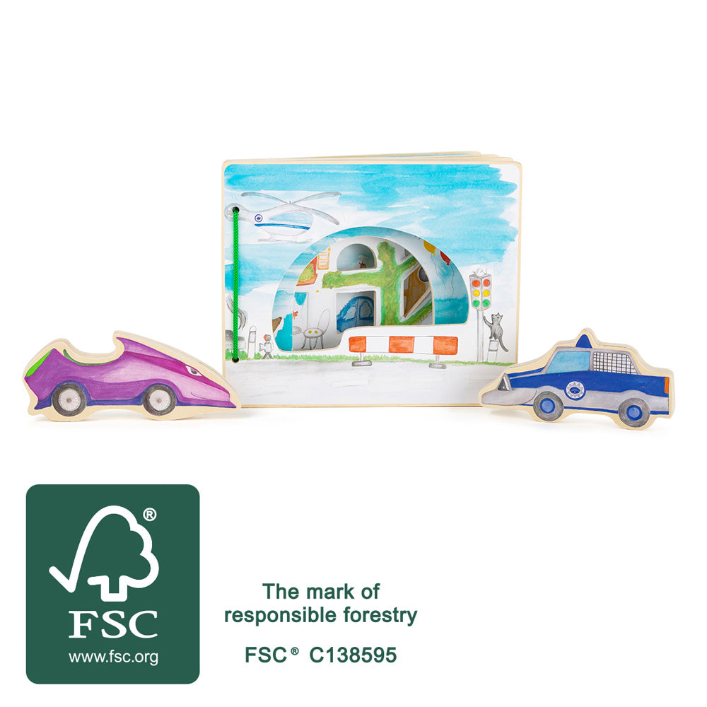 Interaktives Holzbuch für spannende Polizeigeschichten und Verfolgungajagd