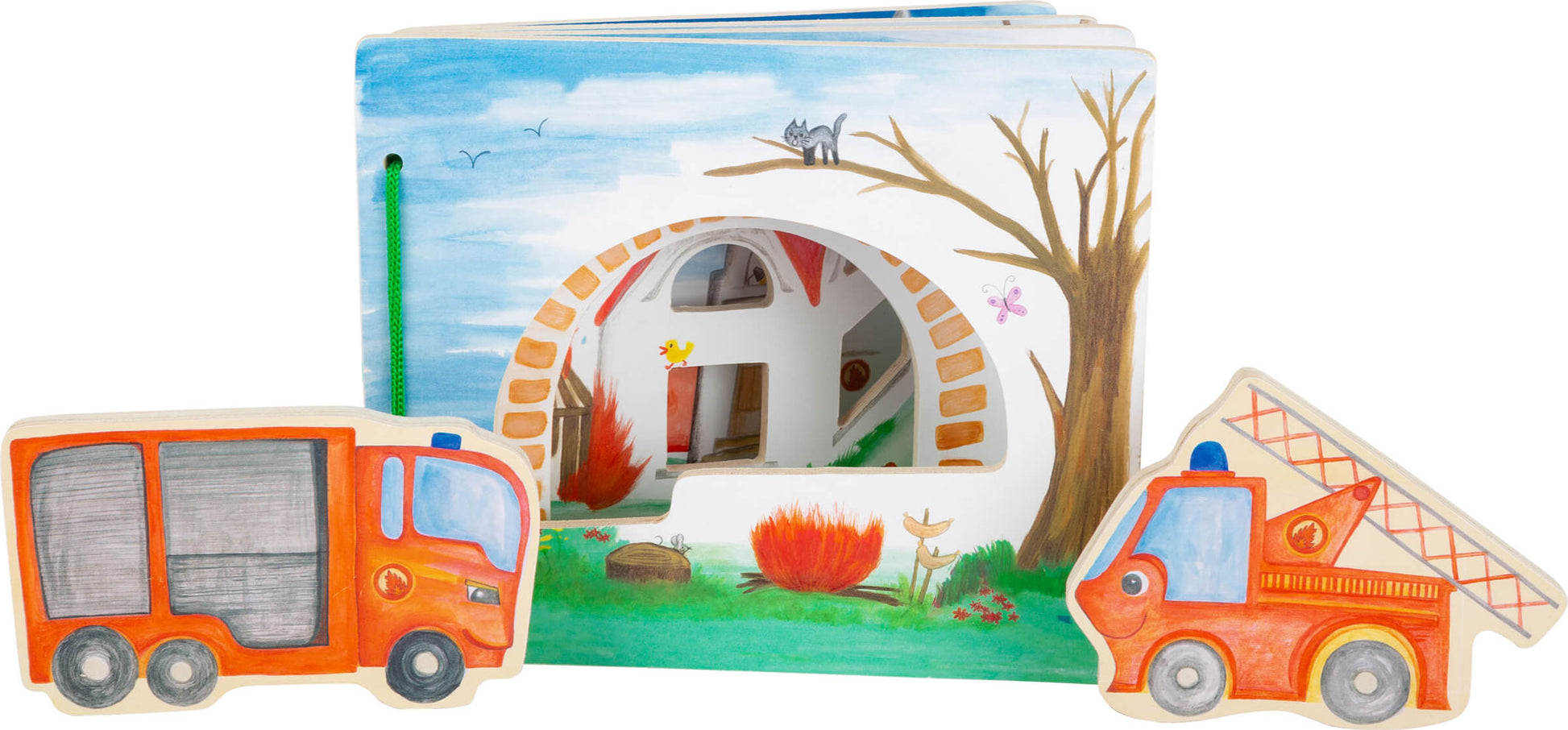 Tolles interaktives Holzbuch mit zwei Feuerwehrautos für viele spannende Geschichten 