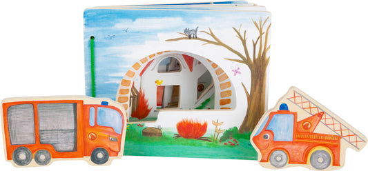 Tolles interaktives Holzbuch mit zwei Feuerwehrautos für viele spannende Geschichten 