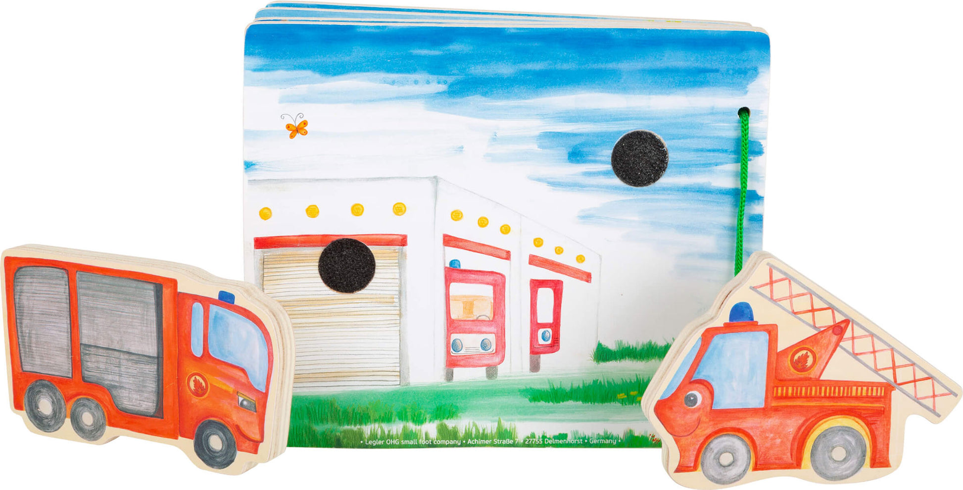 Tolles interaktives Holzbuch mit zwei Feuerwehrautos für viele spannende Geschichten 