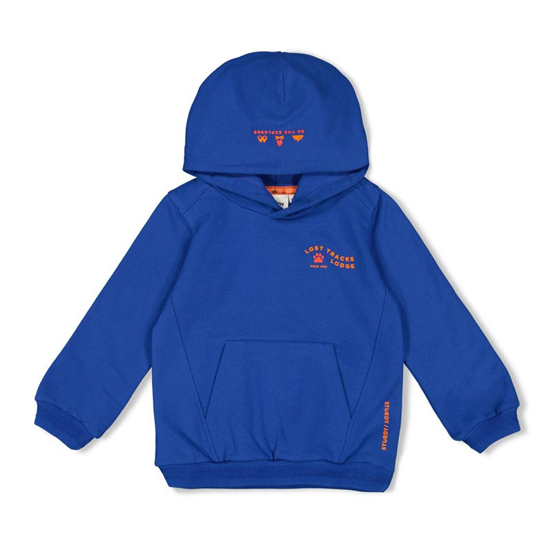 Modischer Hoodie mit Kapuze in kräftigem Blau mit orangen Schriftzügen und hochwerig gearbeiteten Bündchen 