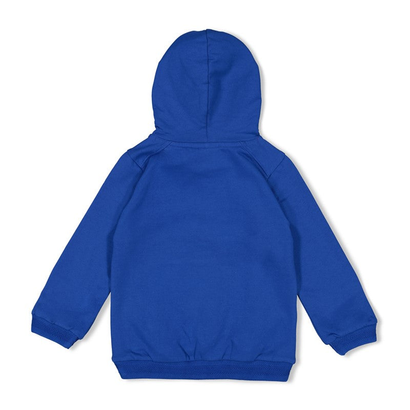 Modischer Hoodie mit Kapuze in kräftigem Blau mit orangen Schriftzügen und hochwerig gearbeiteten Bündchen