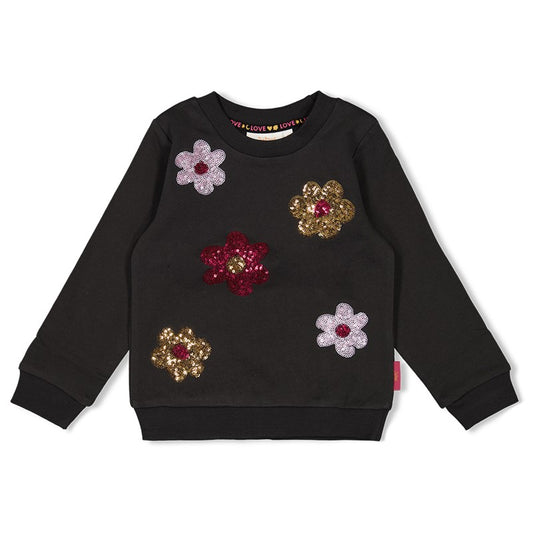 Modischer Sweater aus Bio-Baumwolle in Anthrazit mit glitzernden Pailetten-Blumen