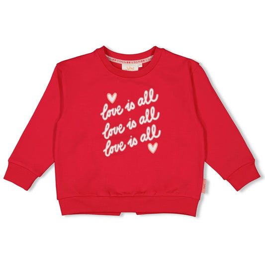 Hochwertiger Sweater für Mädchen in rot mit Schriftzug "love is all" und raffiniertem, kurzen Schnitt 