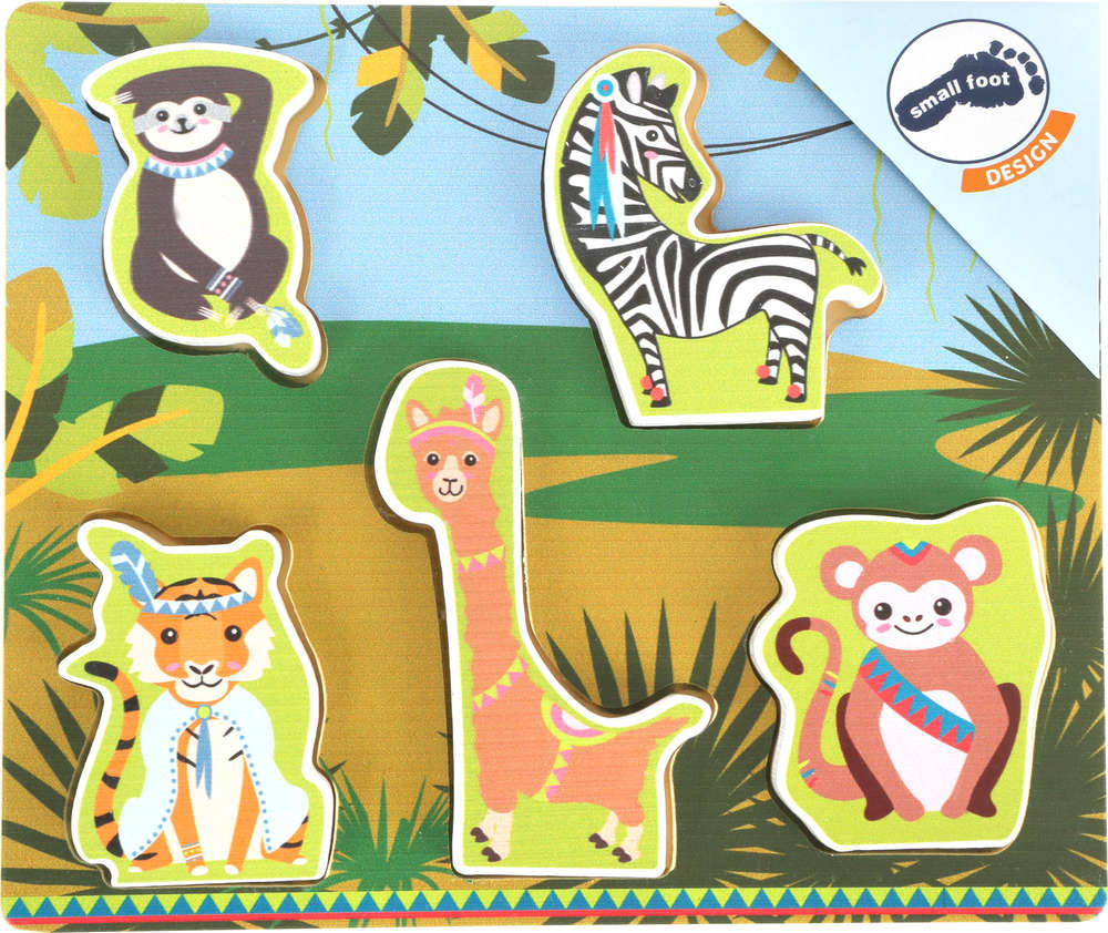 Kleines Puzzle mit süßen Jungeltieren wie Giraffe, Tiger, Zebra, Affe