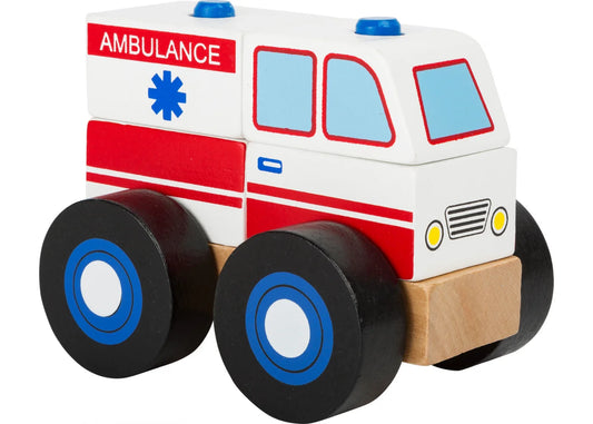 Holzkrankenwagen zum zusammen bauen und fahren in rot weiß