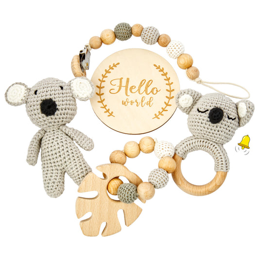 Wunderschönes Geschenkset zur Geburt mit Koala-Stofftier, Beißring, Schnullerkette und Rasselring
