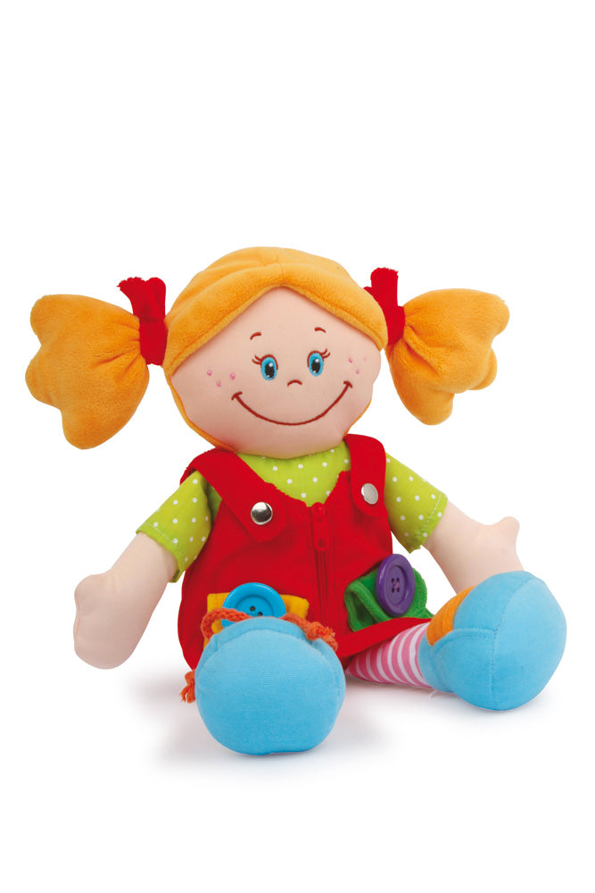 Süße Übungspuppe mit rotem Kleid  und vielen Lern-Elementen