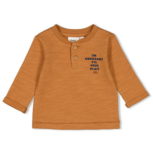 Niedliches Longsleeve in braun mit Schriftzug und kleinem Croissant, aus Bio-Baumwolle