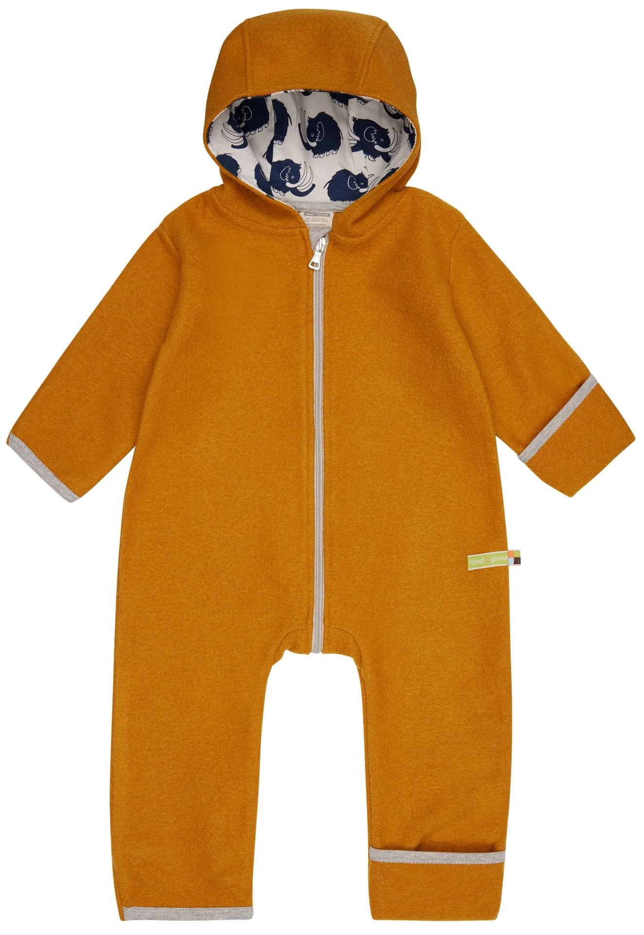 Warmer Wollwalk-Overall in der Farbe Curry mit Umschlag-Ärmeln und -Füßen