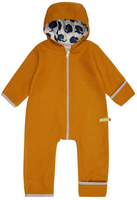 Warmer Wollwalk-Overall in der Farbe Curry mit Umschlag-Ärmeln und -Füßen