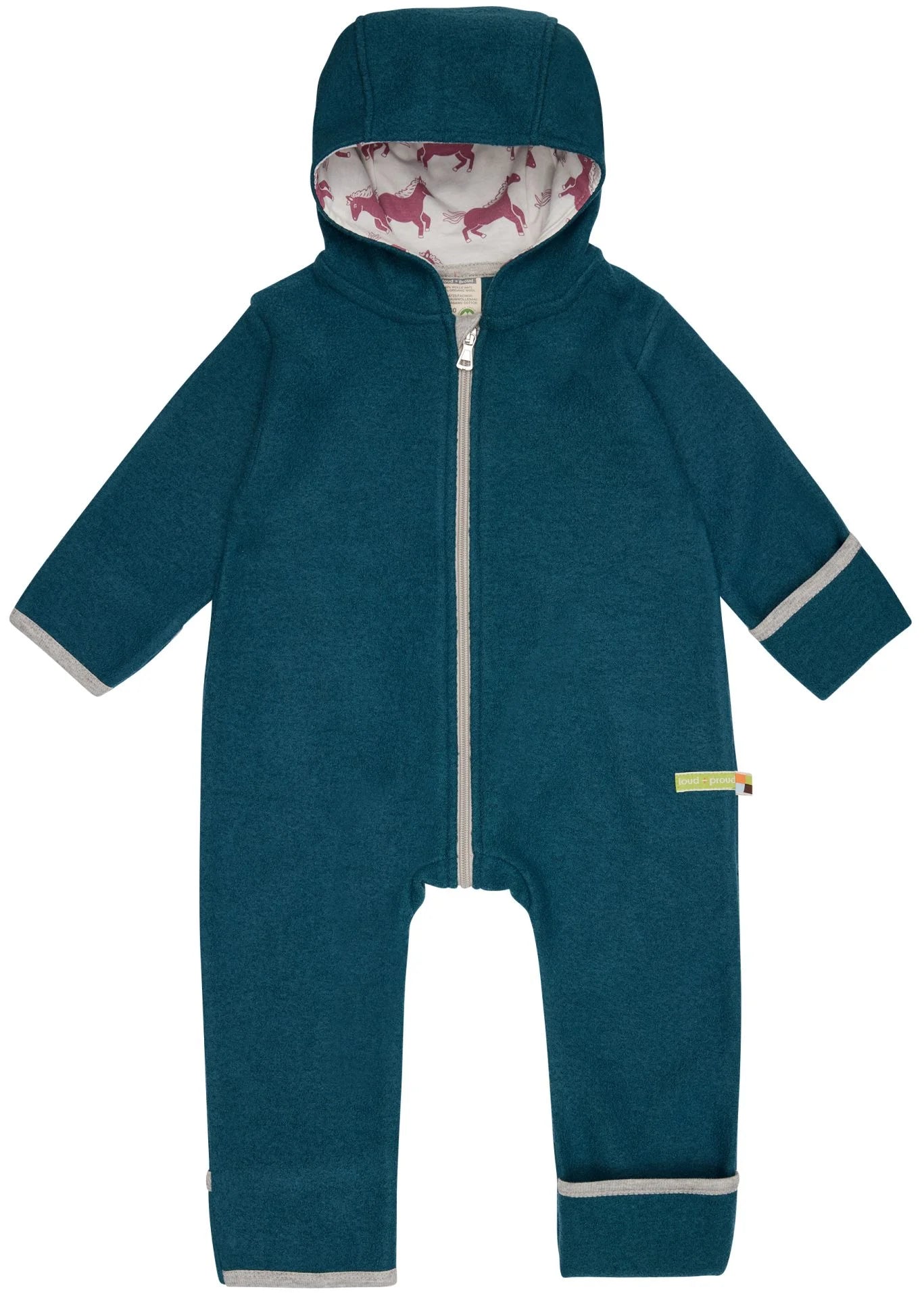 Warmer Wollwalk-Overall in der Farbe Petrol mit Umschlag-Ärmeln und -Füßen 