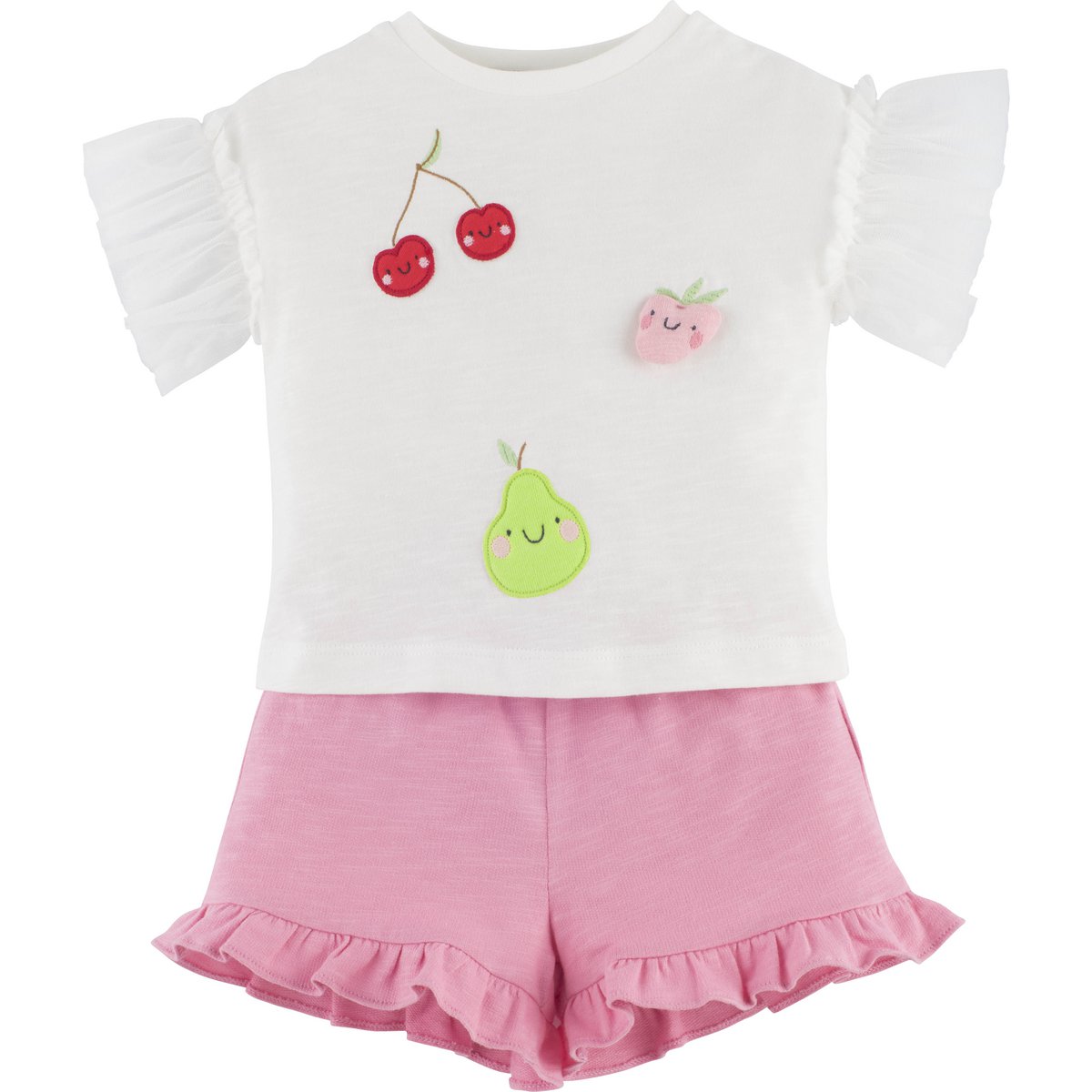 Süßes Sommer-Set für Mädchen in Pin mit Rüschen und Kirsche, Apfel und Birne 