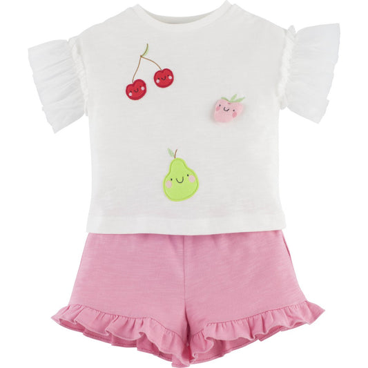 Süßes Sommer-Set für Mädchen in Pin mit Rüschen und Kirsche, Apfel und Birne 