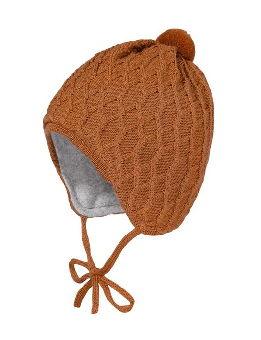 Hochwertige Baby Mütze mit Fleecefutter und Pompon in braun
