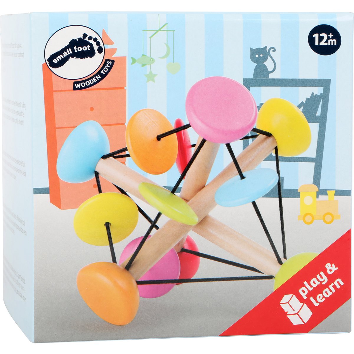 Motorikspielzeug Kunterbunt aus Holz mit Gummibändern zum Greifen, Klappern und Entdecken