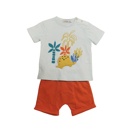 Schönes Set für den Sommer bestehend aus T-Shirt in hellem mint und Shorts in orange