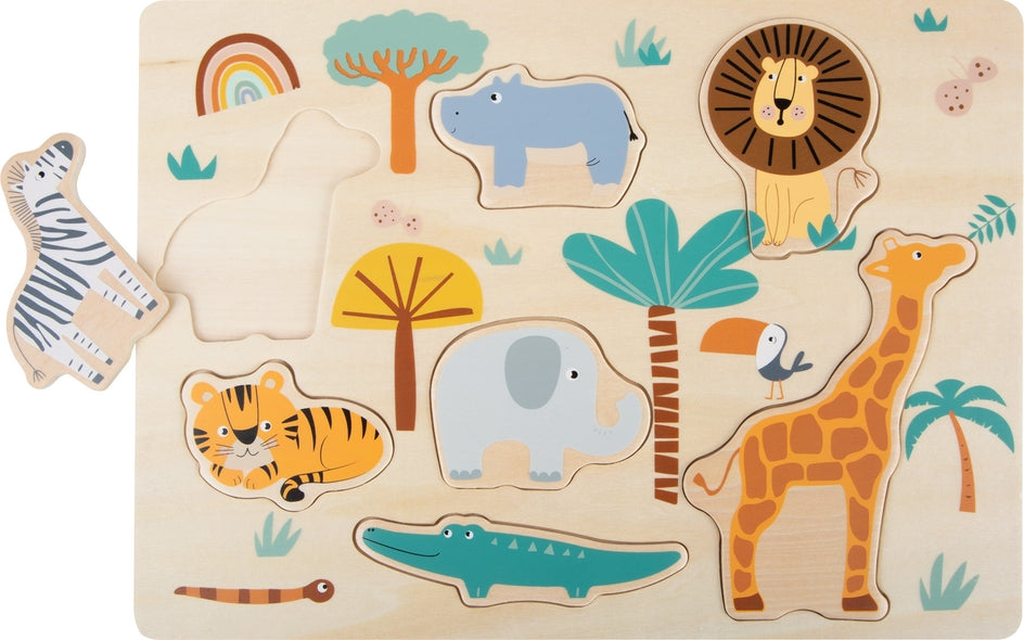 Schönes Setzpuzzle aus Holz mit Safaritieren  wie Löwe, Zebra und Krokodil zum Herausnehmen 