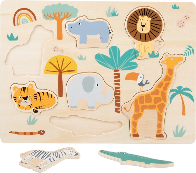 Schönes Setzpuzzle aus Holz mit Safaritieren  wie Löwe, Zebra und Krokodil zum Herausnehmen 