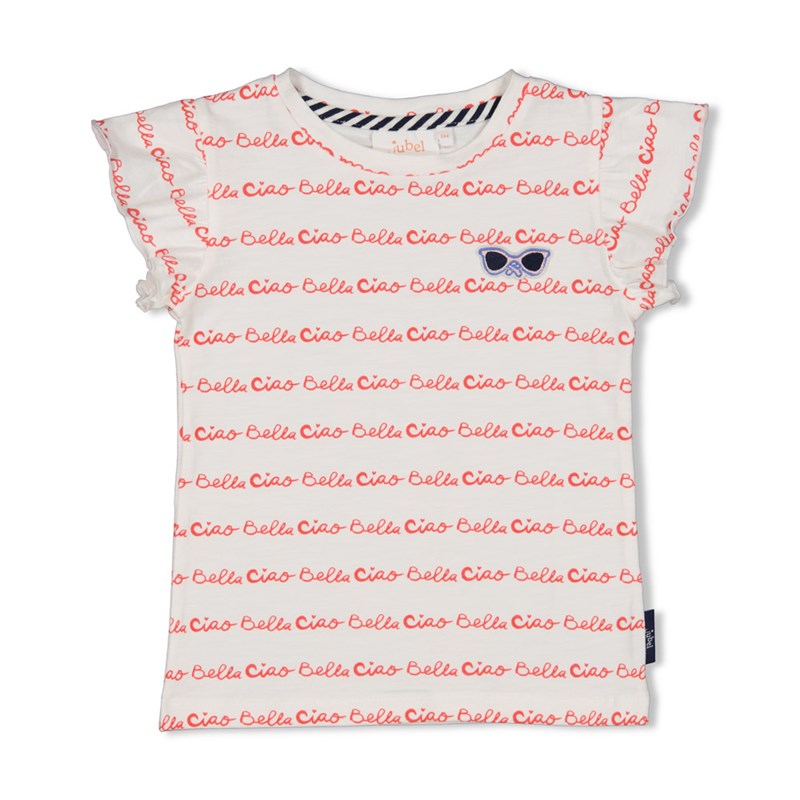Sommerliches T-Shirt mit Rüschen -Ärmeln in weiß mit Ciao Bella All Over Druck, aus Bio-Baumwolle