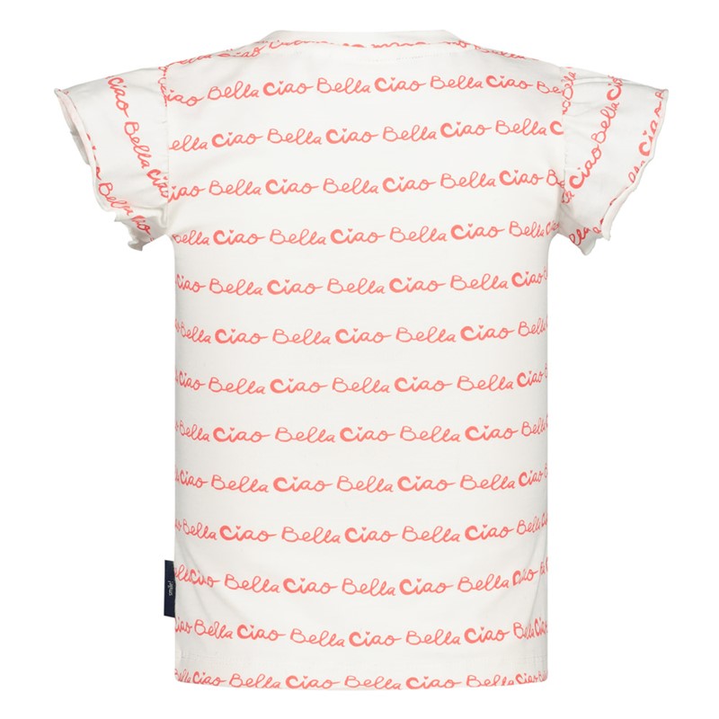 Sommerliches T-Shirt mit Rüschen -Ärmeln in weiß mit Ciao Bella All Over Druck, aus Bio-Baumwolle