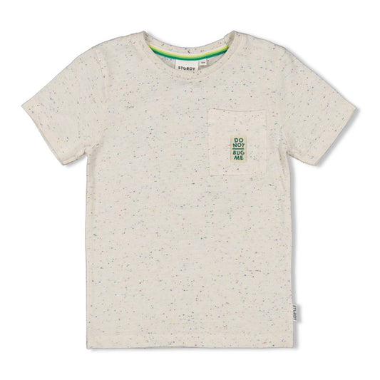 Cooles T-Shirt in offwhite melange mit aufgesetzter Brusttasche und grüner Spirale und Käfer auf der Rückseite 