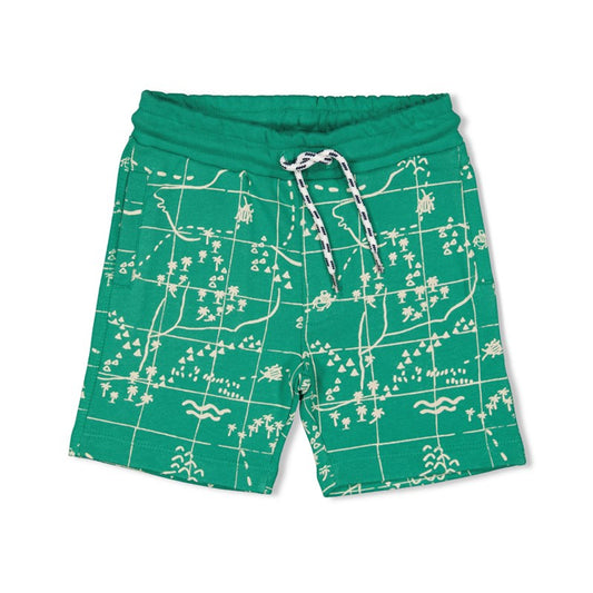 Bequeme Shorts in grün mit Landkarten All Over Druck in weiß aus Bio-Baumwolle 