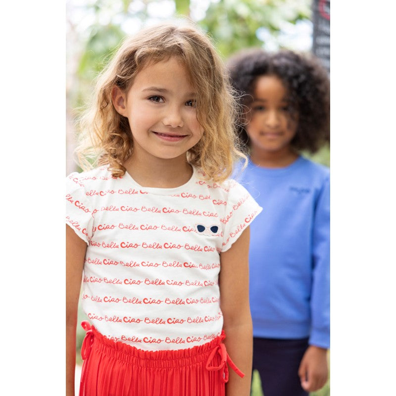 Sommerliches T-Shirt mit Rüschen -Ärmeln in weiß mit Ciao Bella All Over Druck, aus Bio-Baumwolle