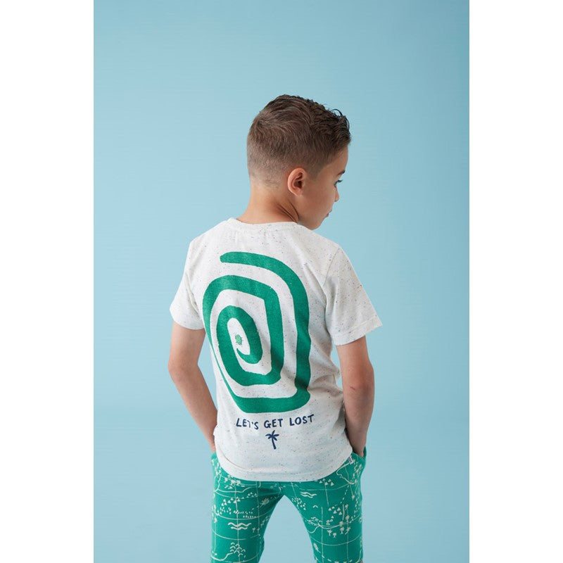 Cooles T-Shirt in offwhite melange mit aufgesetzter Brusttasche und grüner Spirale und Käfer auf der Rückseite 