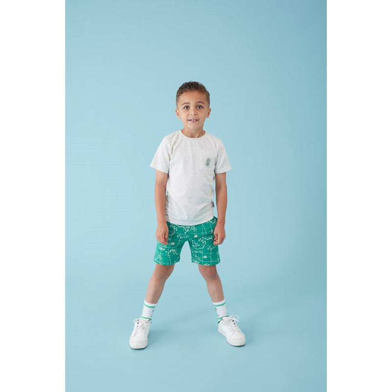 Cooles T-Shirt in offwhite melange mit aufgesetzter Brusttasche und grüner Spirale und Käfer auf der Rückseite 
