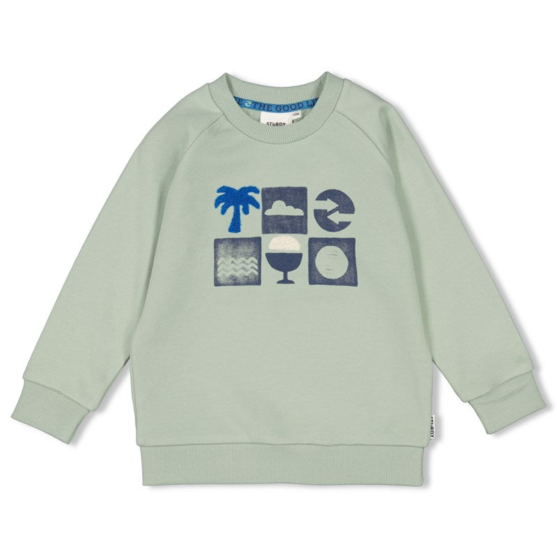 Schöner, weicher Sweater in minz-grün mit Rundhalsausschnitt und flottem sommerlichen Druck, aus Bio-Baumwolle