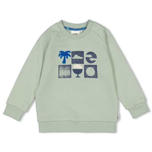 Schöner, weicher Sweater in minz-grün mit Rundhalsausschnitt und flottem sommerlichen Druck, aus Bio-Baumwolle