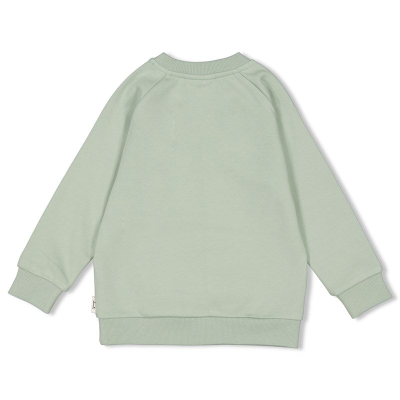 Schöner, weicher Sweater in minz-grün mit Rundhalsausschnitt und flottem sommerlichen Druck, aus Bio-Baumwolle