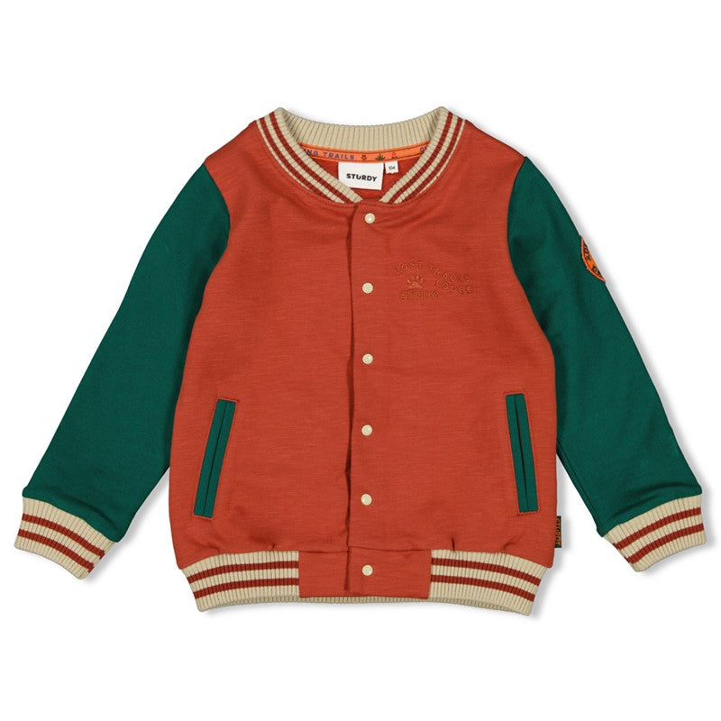 Schöne, bequeme Sweatjacke in rost und grün mit Bund an den Armen und Druckknöpfen 