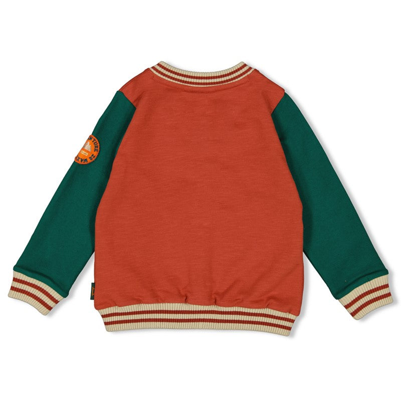 Schöne, bequeme Sweatjacke in rost und grün mit Bund an den Armen und Druckknöpfen 