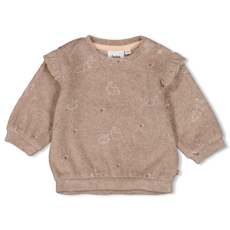Niedlicher Frottee-Sweater in Taupe mit Rüschen