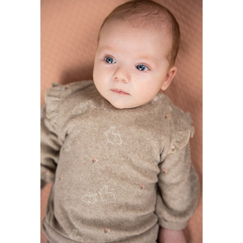Niedlicher Frottee-Sweater in Taupe mit Rüschen