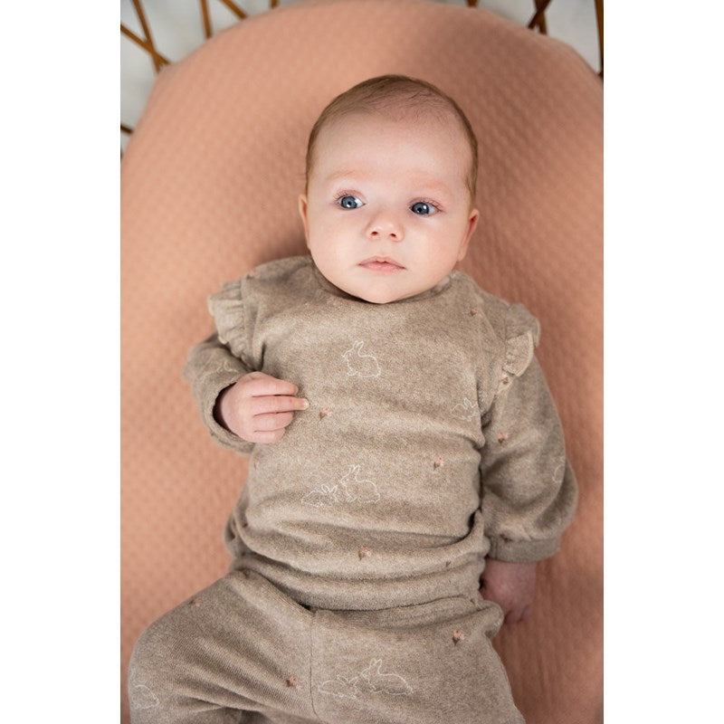 Niedlicher Frottee-Sweater in Taupe mit Rüschen