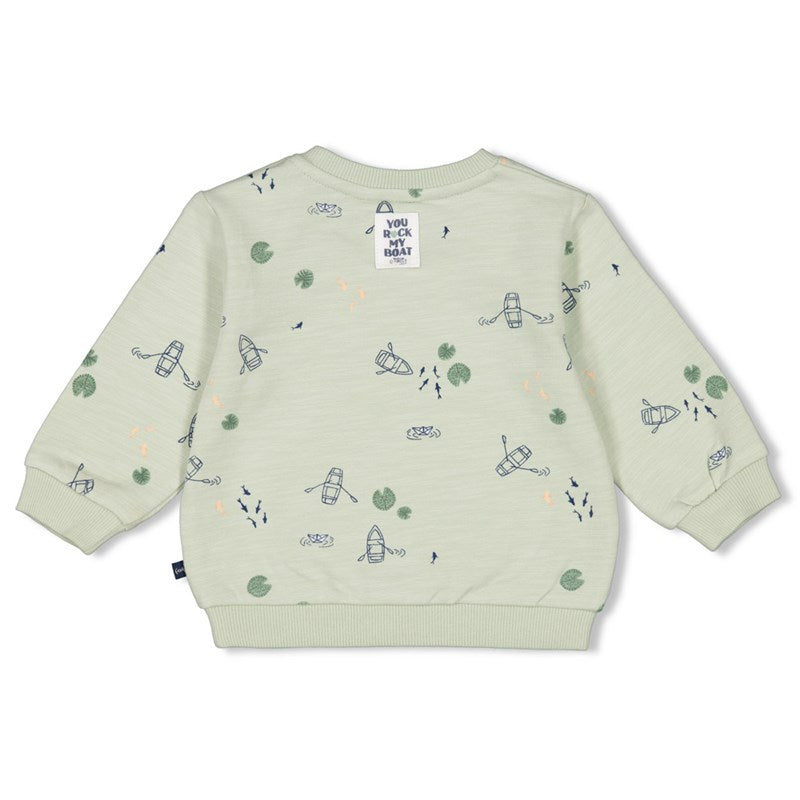 Niedlicher Sweater in Minze mit Booten und Fischen und Bauchtasche