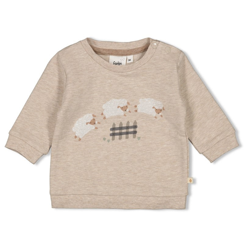 Süßer Sweater in Taupe Melange mit Schaf Print und bequemen Bündchen, aus Bio-Baumwolle 