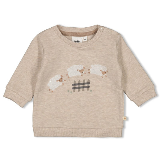 Süßer Sweater in Taupe Melange mit Schaf Print und bequemen Bündchen, aus Bio-Baumwolle 