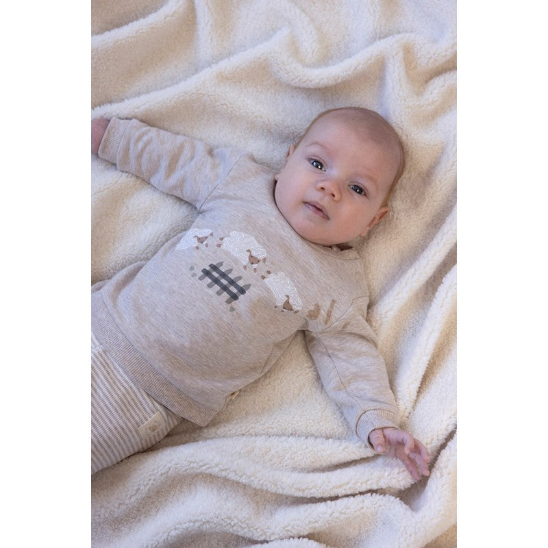 Süßer Sweater in Taupe Melange mit Schaf Print und bequemen Bündchen, aus Bio-Baumwolle 