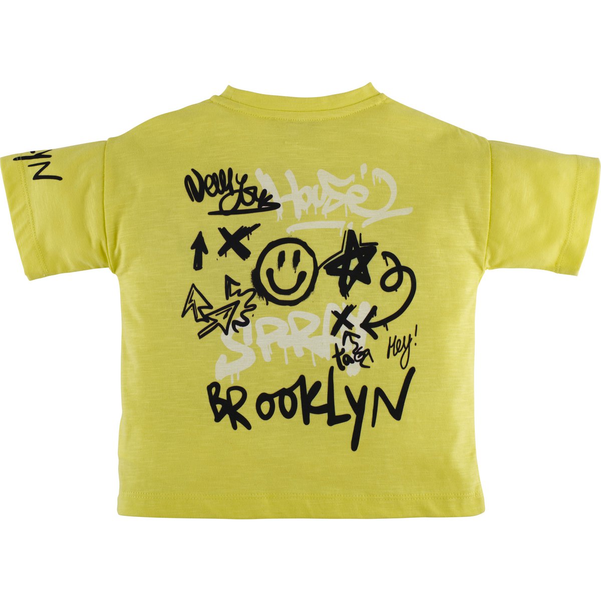 Stylisches T-Shirt in gelb mit coolen Schriftzügen und Smiley