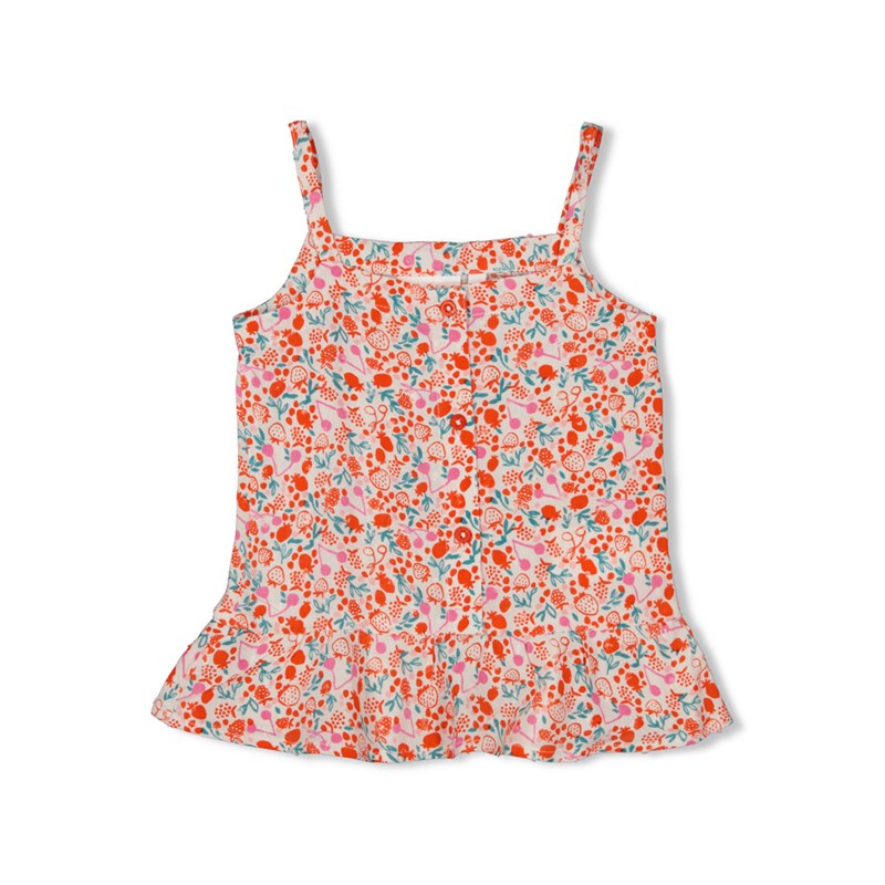 Süßes Träger-Top mit All-Over-Beeren-Druck in rosa und rot mit Rüschen