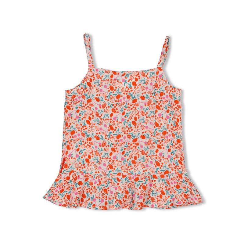 Süßes Träger-Top mit All-Over-Beeren-Druck in rosa und rot mit Rüschen